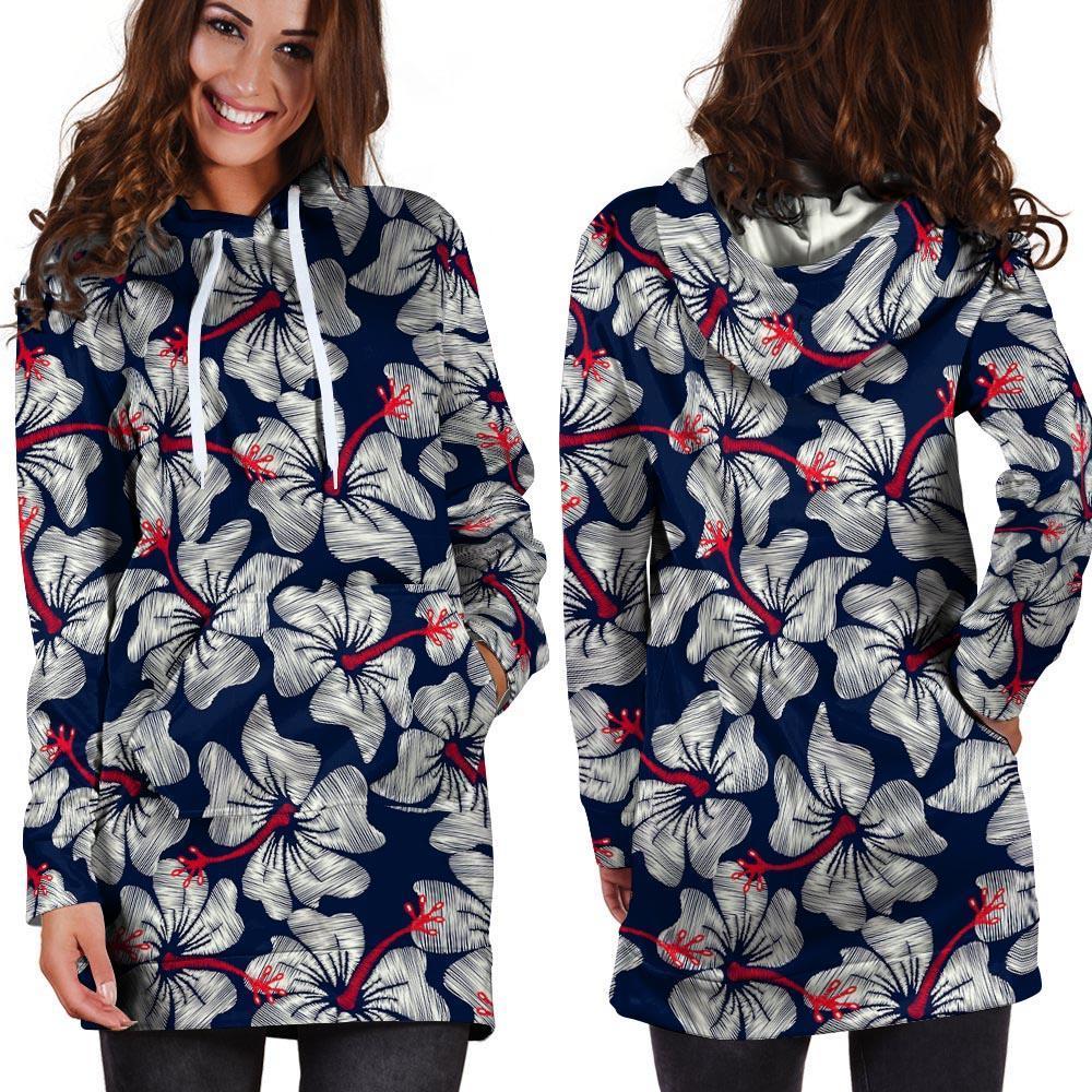 White Hibiscus Tropical Floral Hawaiian Print Hoodie Dress-grizzshop