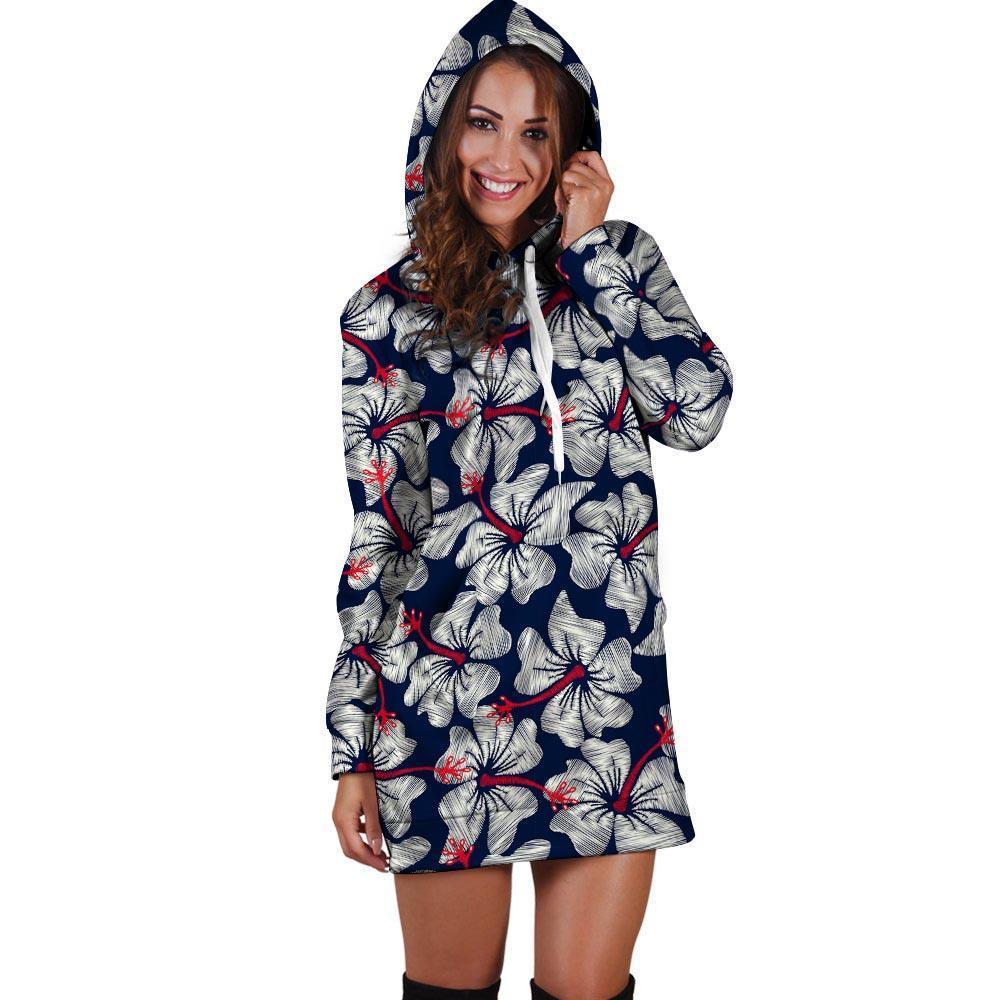 White Hibiscus Tropical Floral Hawaiian Print Hoodie Dress-grizzshop