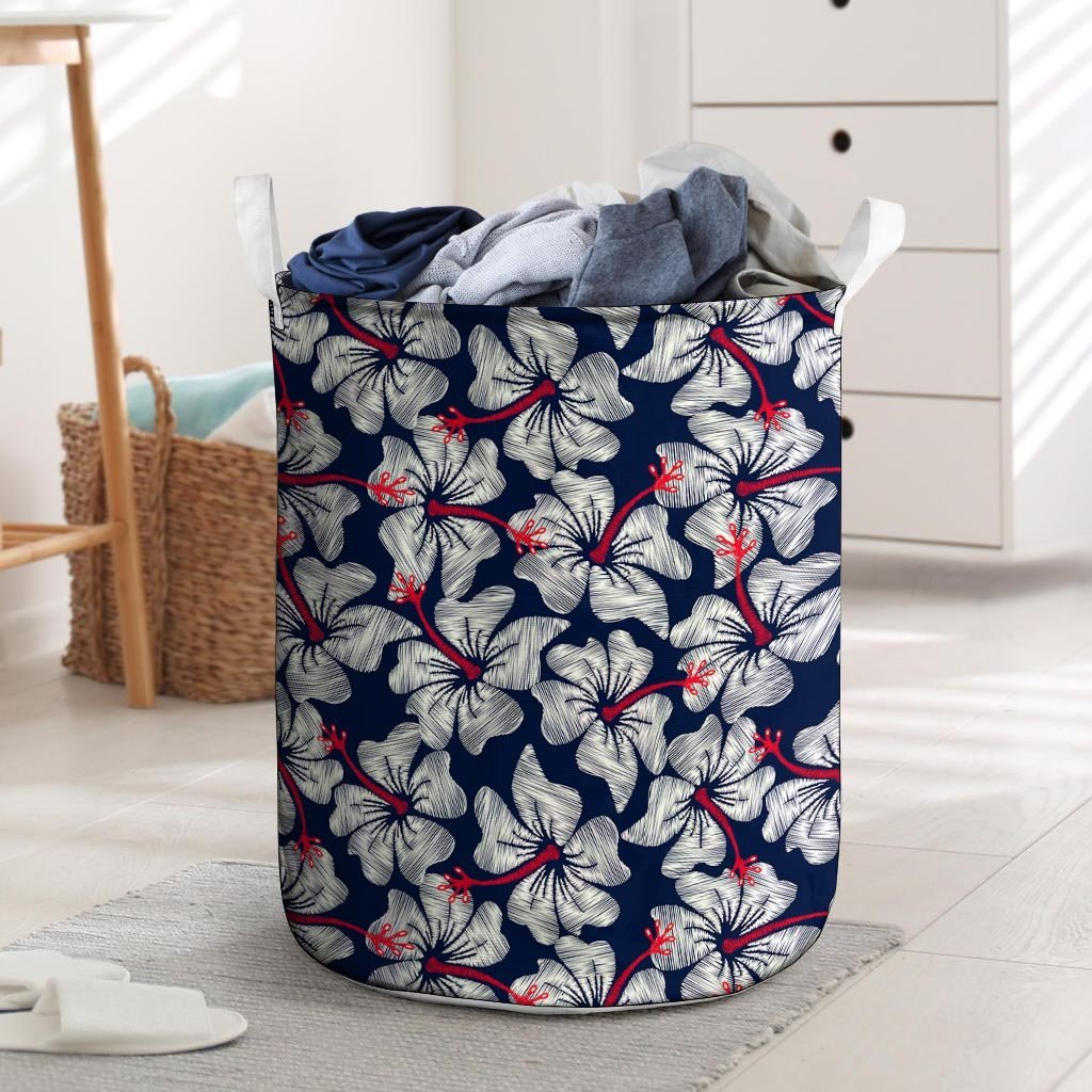 White Hibiscus Tropical Floral Hawaiian Print Laundry Basket-grizzshop