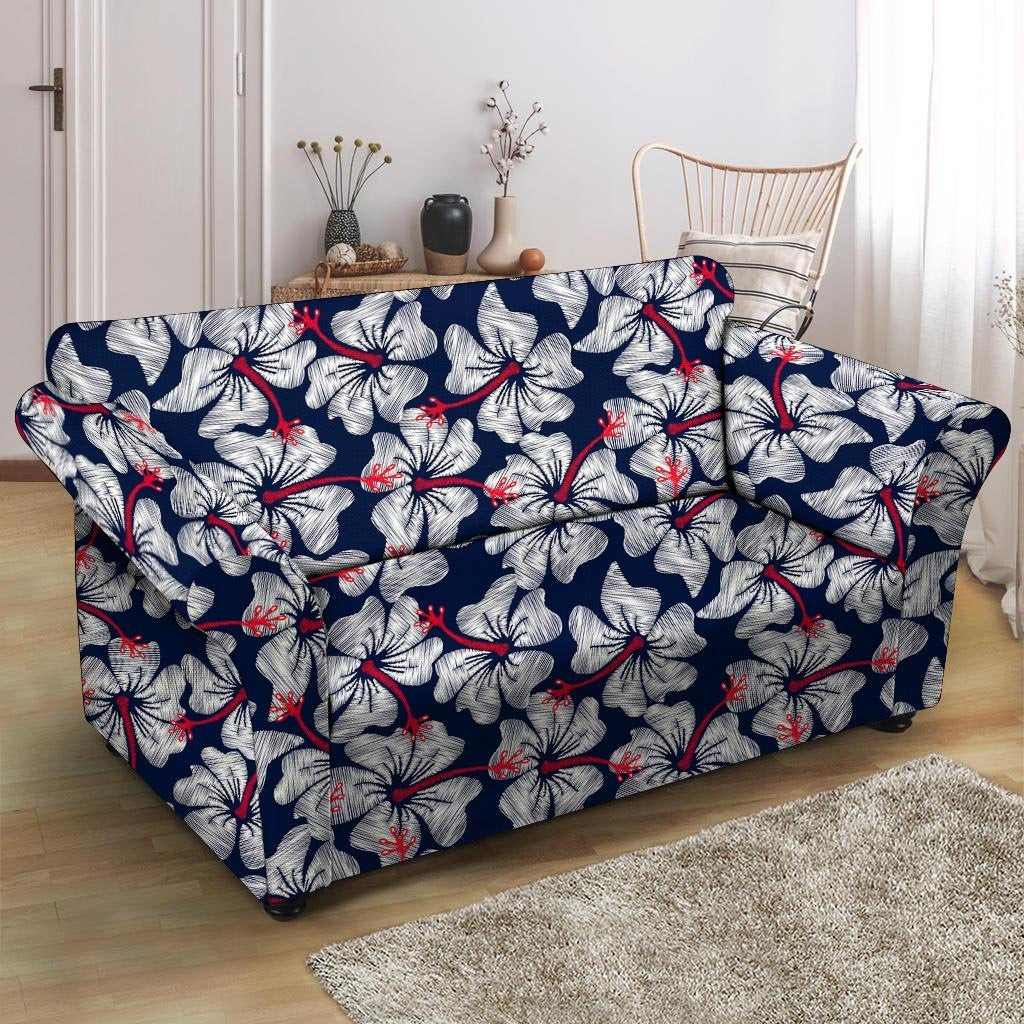 White Hibiscus Tropical Floral Hawaiian Print Loveseat Cover-grizzshop