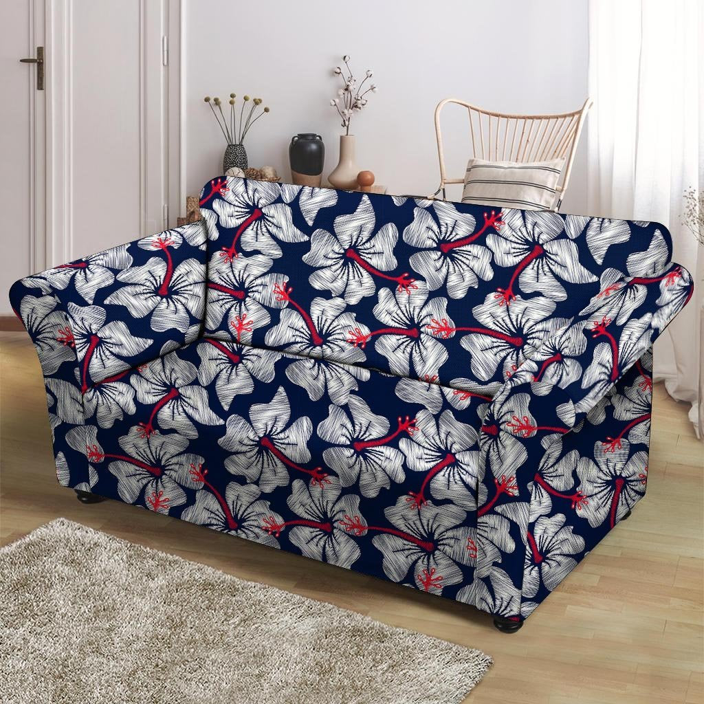 White Hibiscus Tropical Floral Hawaiian Print Loveseat Cover-grizzshop