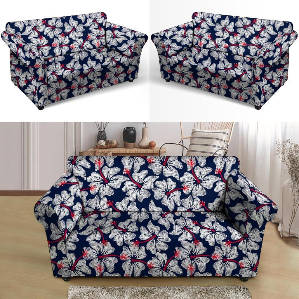 White Hibiscus Tropical Floral Hawaiian Print Loveseat Cover-grizzshop