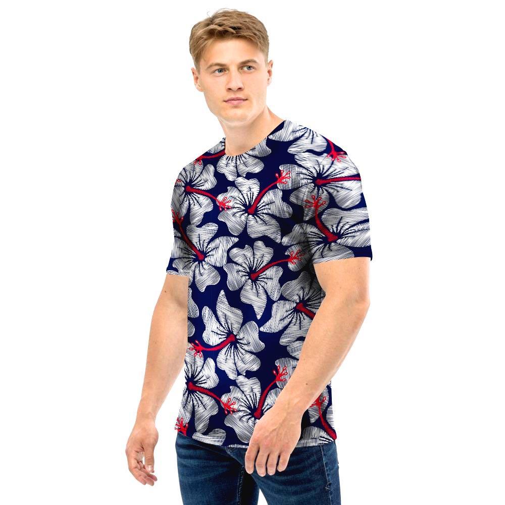 White Hibiscus Tropical Floral Hawaiian Print Men T Shirt-grizzshop