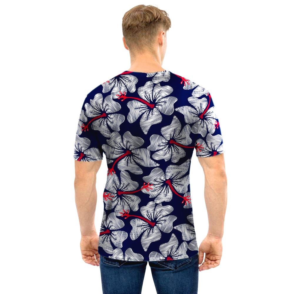 White Hibiscus Tropical Floral Hawaiian Print Men T Shirt-grizzshop