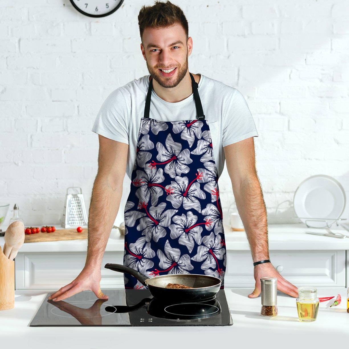 White Hibiscus Tropical Floral Hawaiian Print Men's Apron-grizzshop