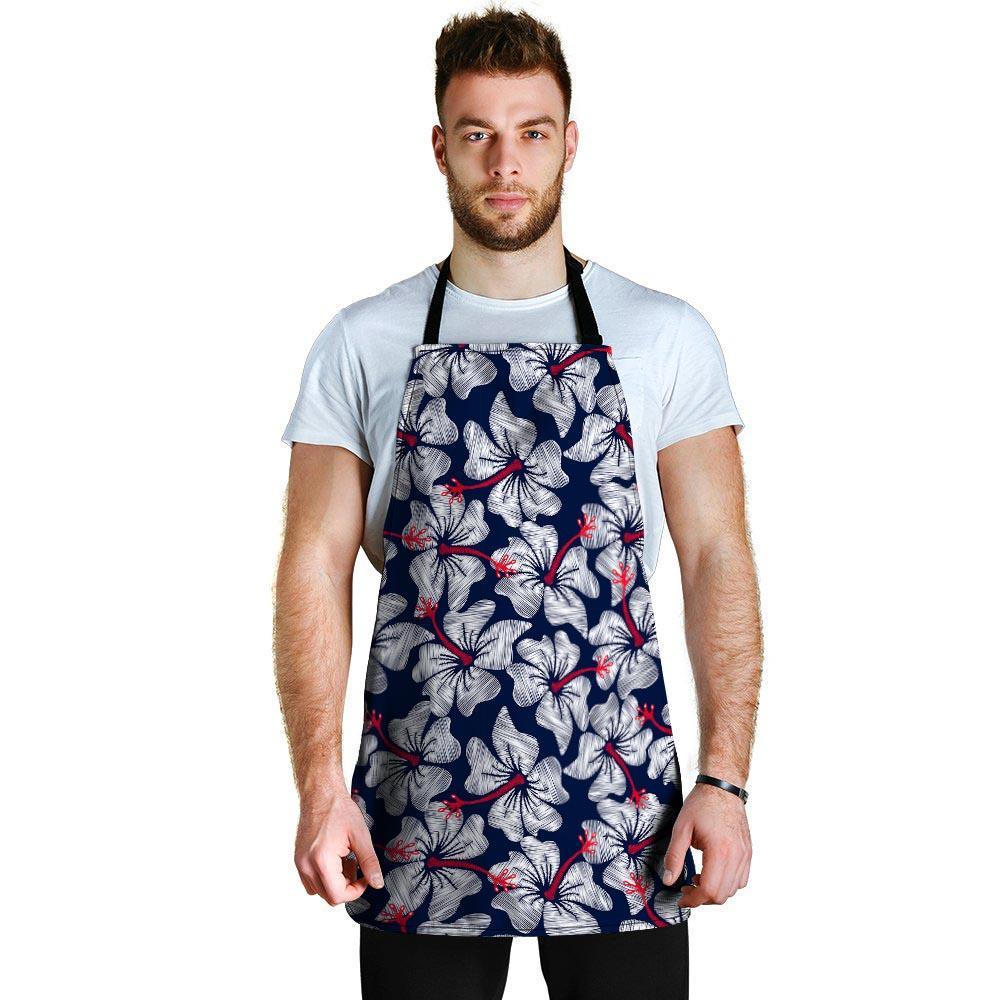 White Hibiscus Tropical Floral Hawaiian Print Men's Apron-grizzshop