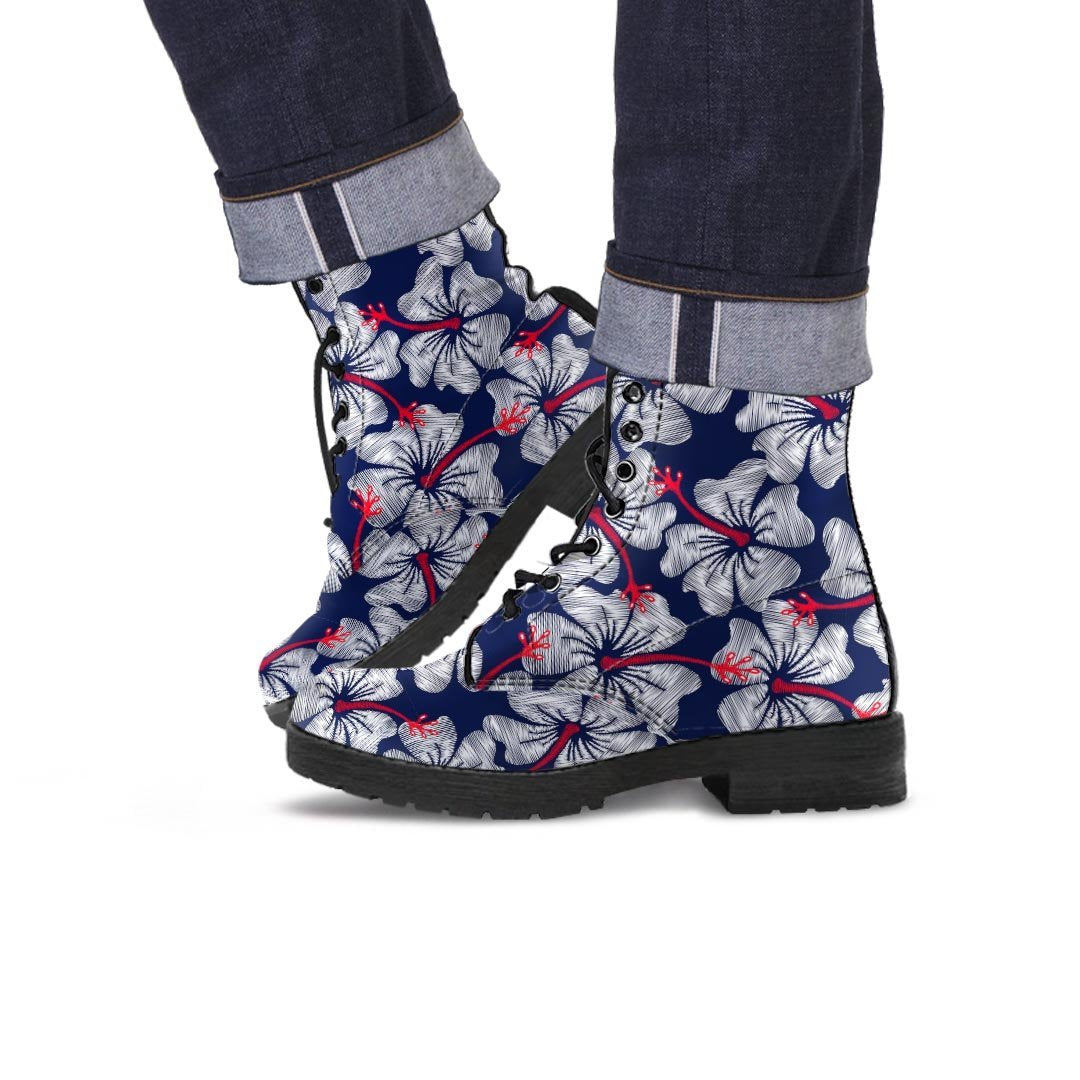 White Hibiscus Tropical Floral Hawaiian Print Men's Boots-grizzshop