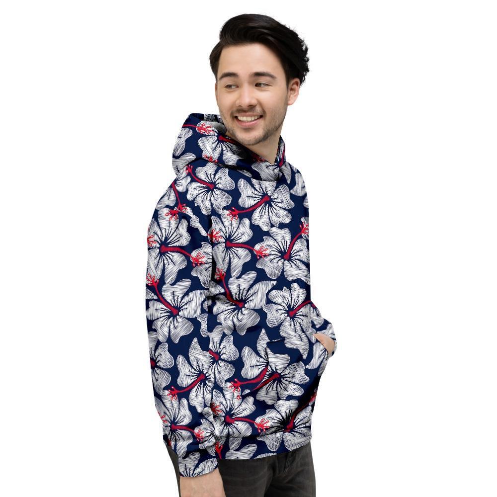 White Hibiscus Tropical Floral Hawaiian Print Men's Hoodie-grizzshop