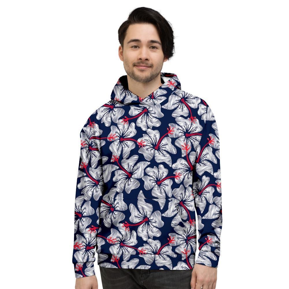 White Hibiscus Tropical Floral Hawaiian Print Men's Hoodie-grizzshop