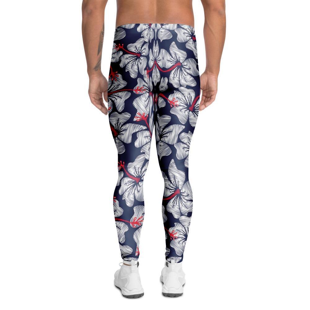 White Hibiscus Tropical Floral Hawaiian Print Men's Leggings-grizzshop