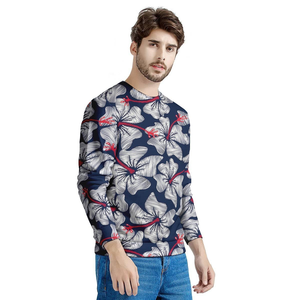 White Hibiscus Tropical Floral Hawaiian Print Men's Sweatshirt-grizzshop