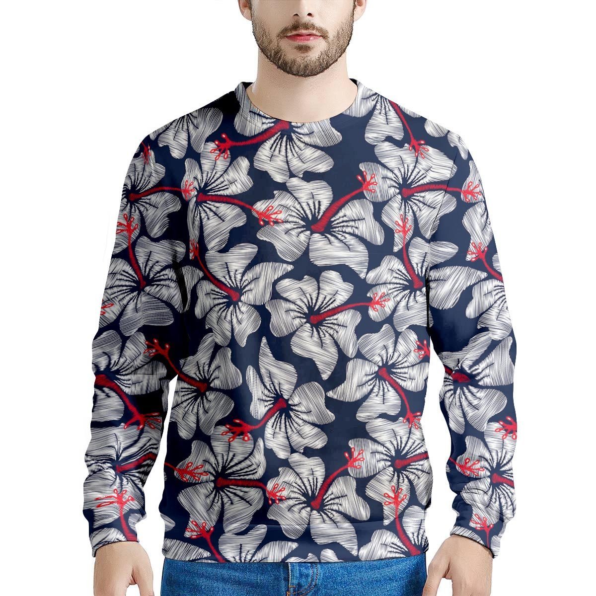 White Hibiscus Tropical Floral Hawaiian Print Men's Sweatshirt-grizzshop