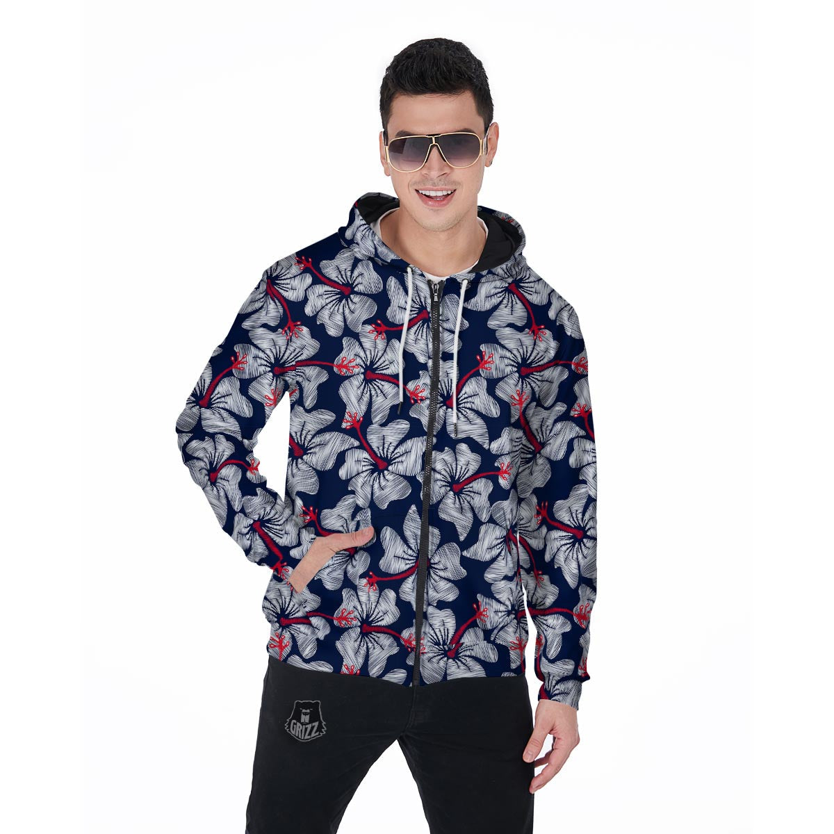 White Hibiscus Tropical Floral Hawaiian Print Men's Zip Up Hoodie-grizzshop