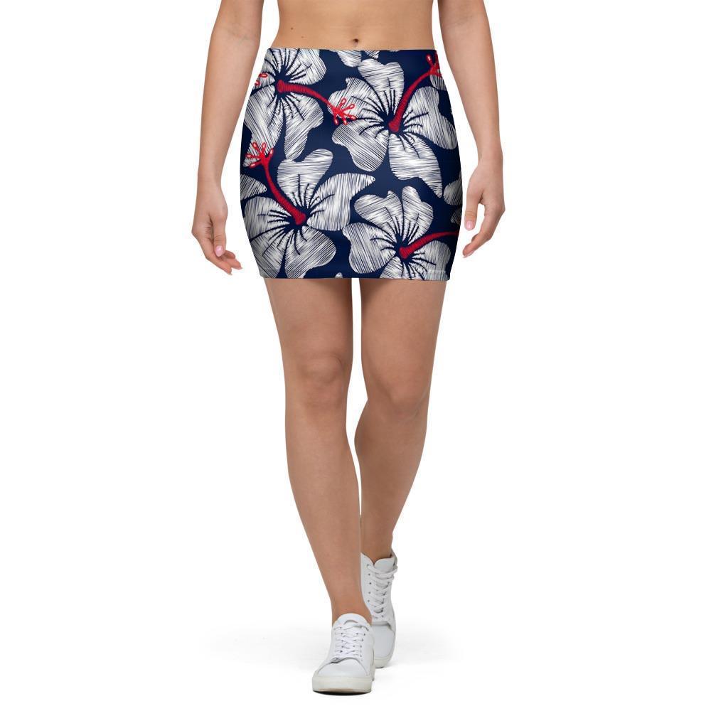 White Hibiscus Tropical Floral Hawaiian Print Mini Skirt-grizzshop