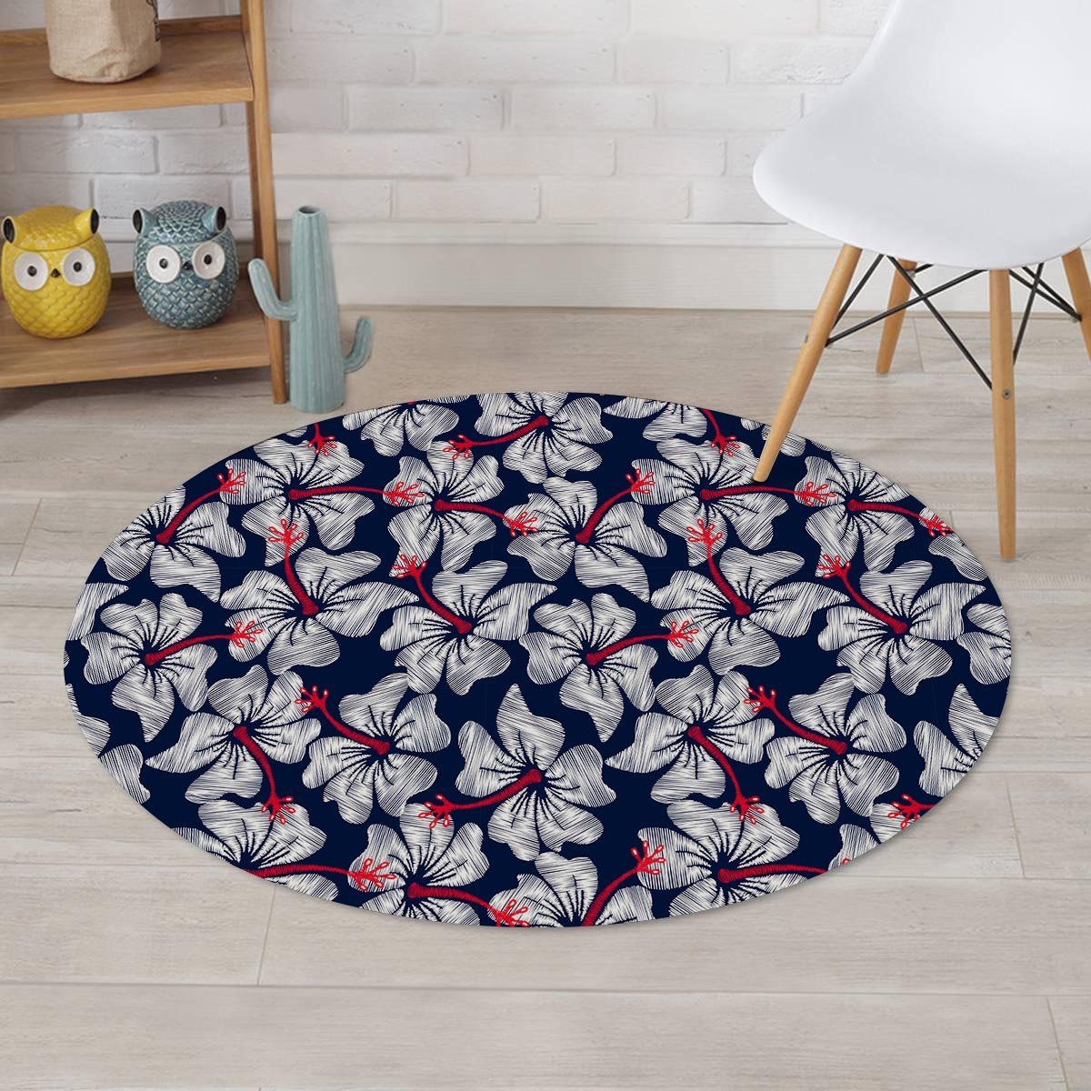 White Hibiscus Tropical Floral Hawaiian Print Round Rug-grizzshop