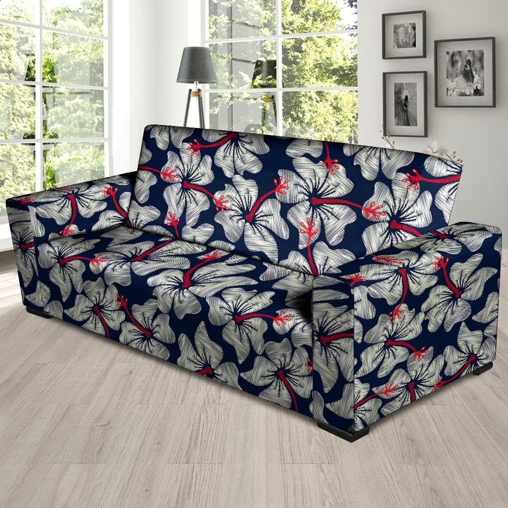 White Hibiscus Tropical Floral Hawaiian Print Sofa Cover-grizzshop