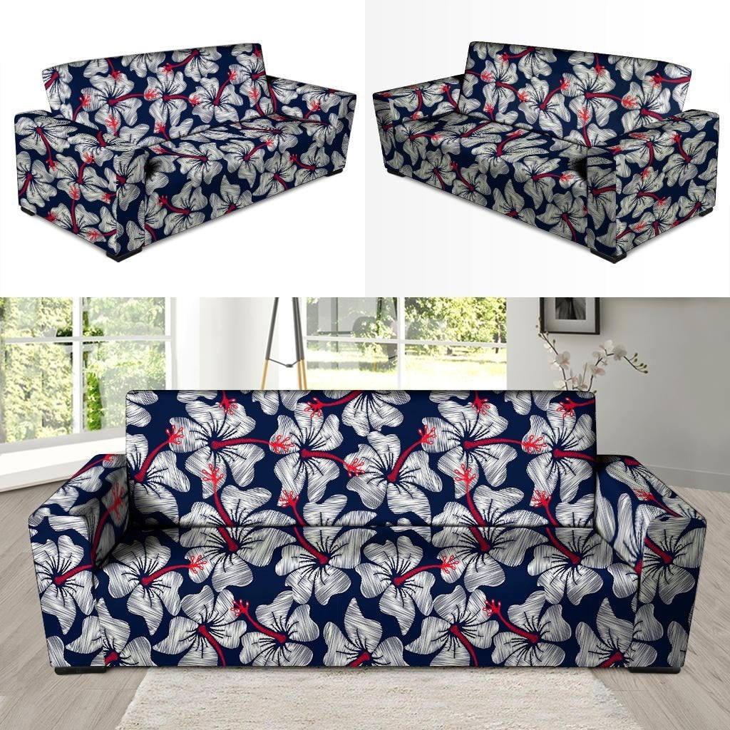 White Hibiscus Tropical Floral Hawaiian Print Sofa Cover-grizzshop