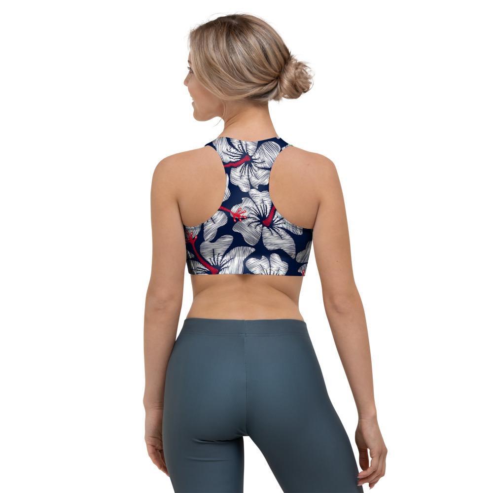 White Hibiscus Tropical Floral Hawaiian Print Sports Bra-grizzshop