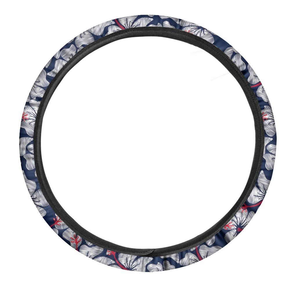 White Hibiscus Tropical Floral Hawaiian Print Steering Wheel Cover-grizzshop