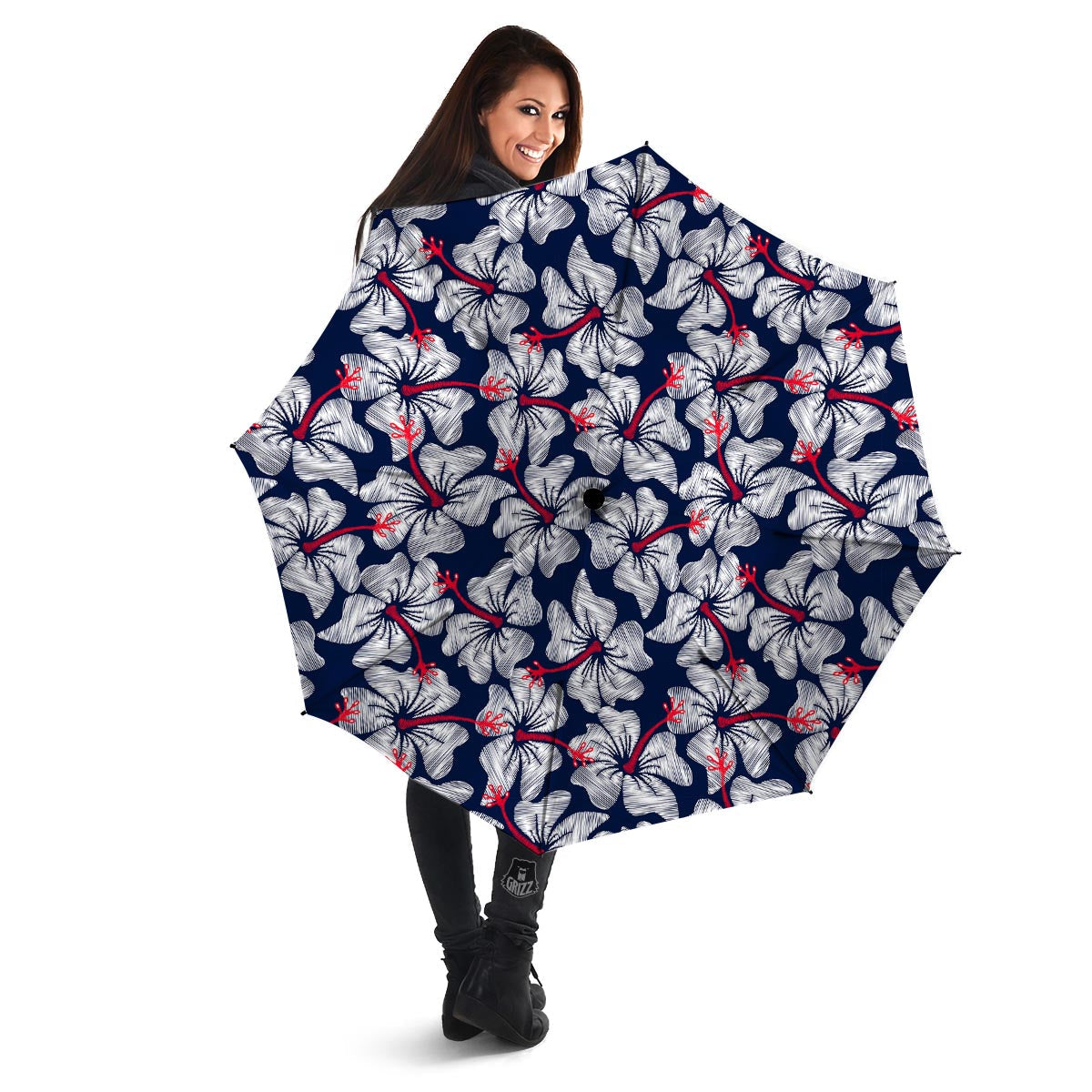 White Hibiscus Tropical Floral Hawaiian Print Umbrella-grizzshop