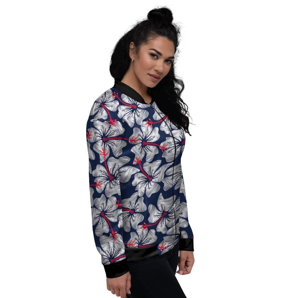 White Hibiscus Tropical Floral Hawaiian Print Women's Bomber Jacket-grizzshop