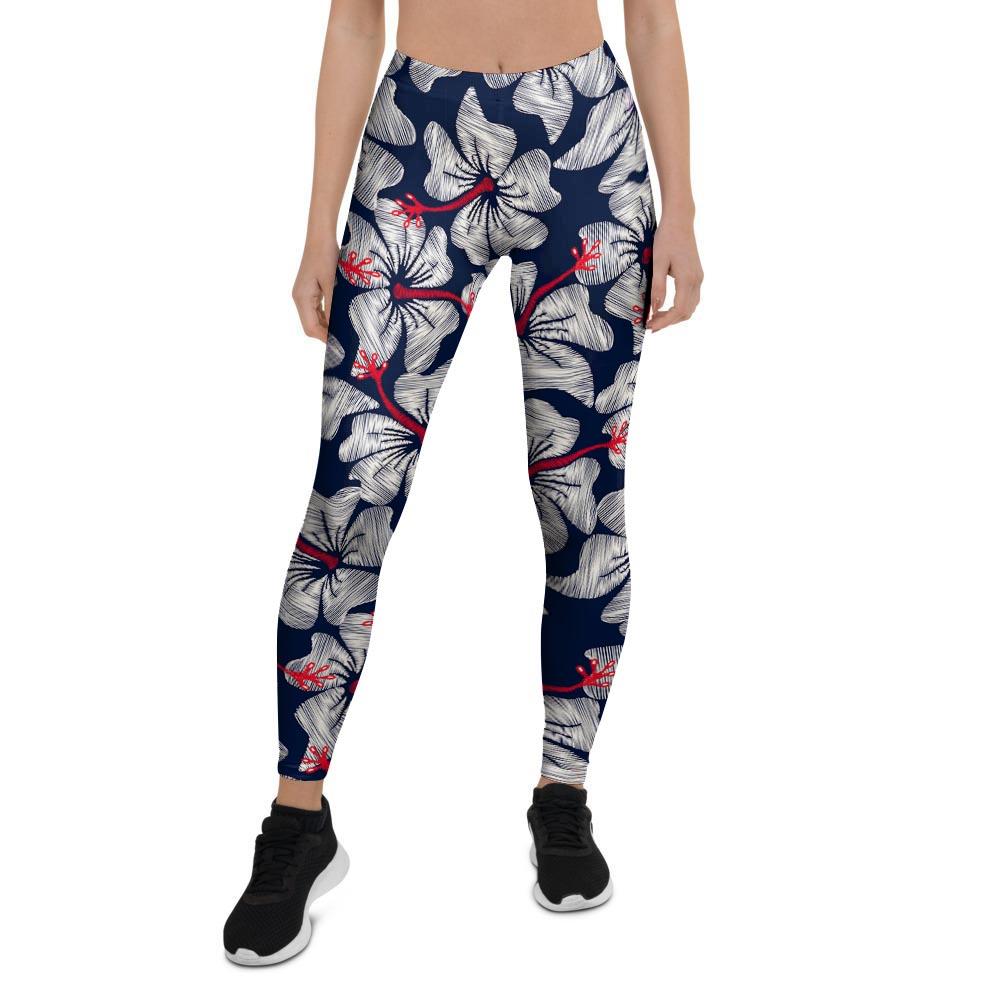 White Hibiscus Tropical Floral Hawaiian Print Women's Leggings-grizzshop