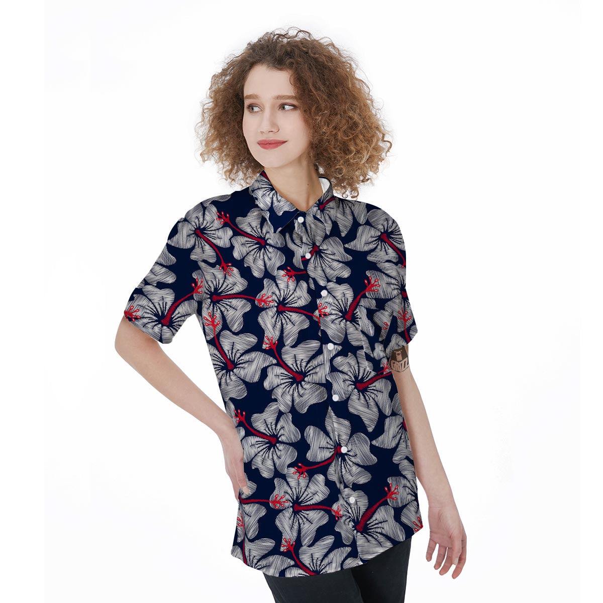 White Hibiscus Tropical Floral Hawaiian Print Women's Short Sleeve Shirts-grizzshop