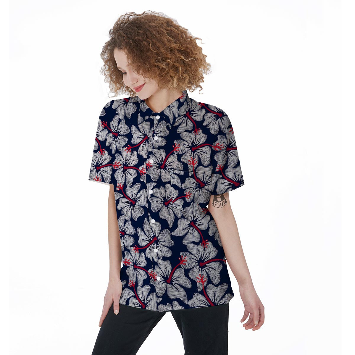 White Hibiscus Tropical Floral Hawaiian Print Women's Short Sleeve Shirts-grizzshop