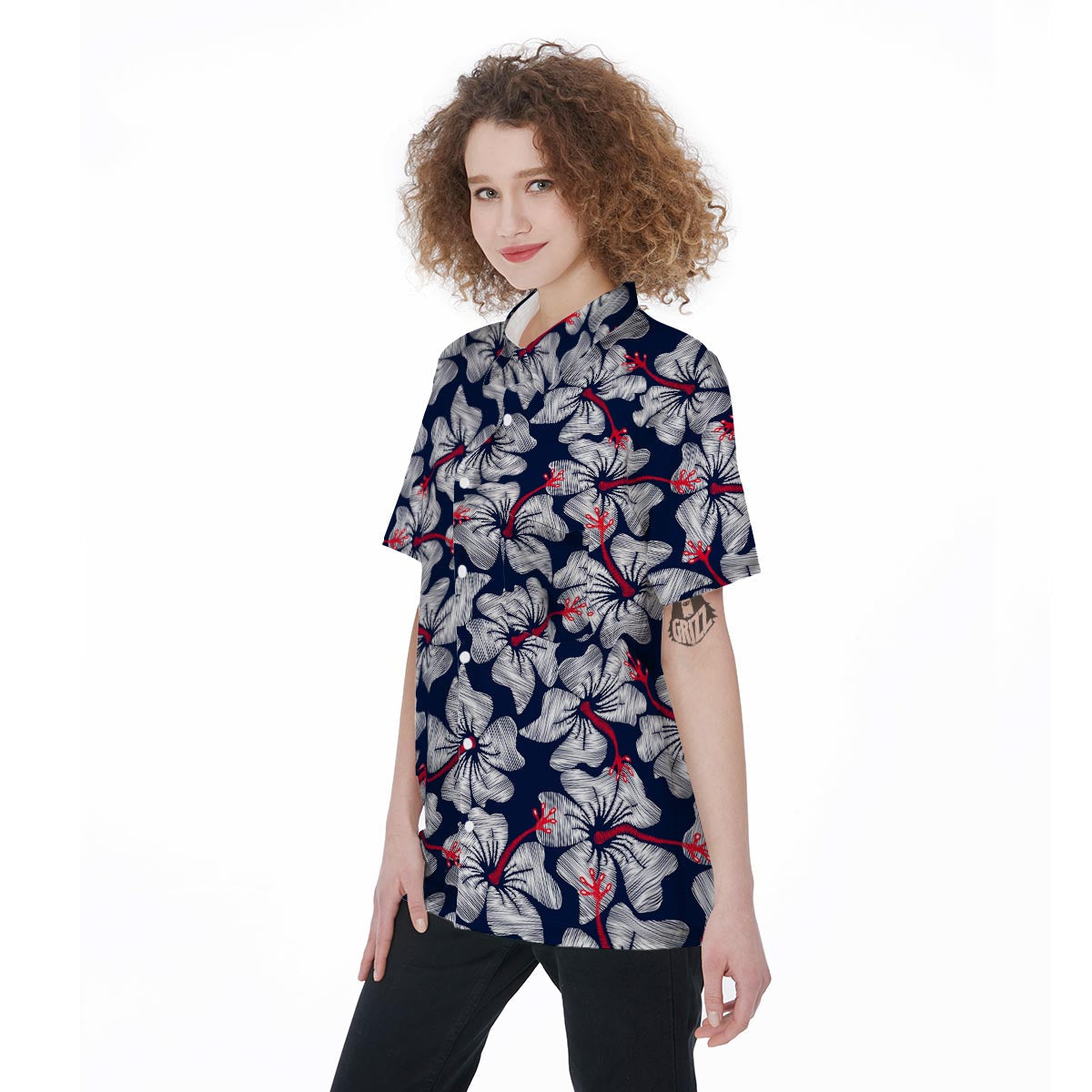 White Hibiscus Tropical Floral Hawaiian Print Women's Short Sleeve Shirts-grizzshop