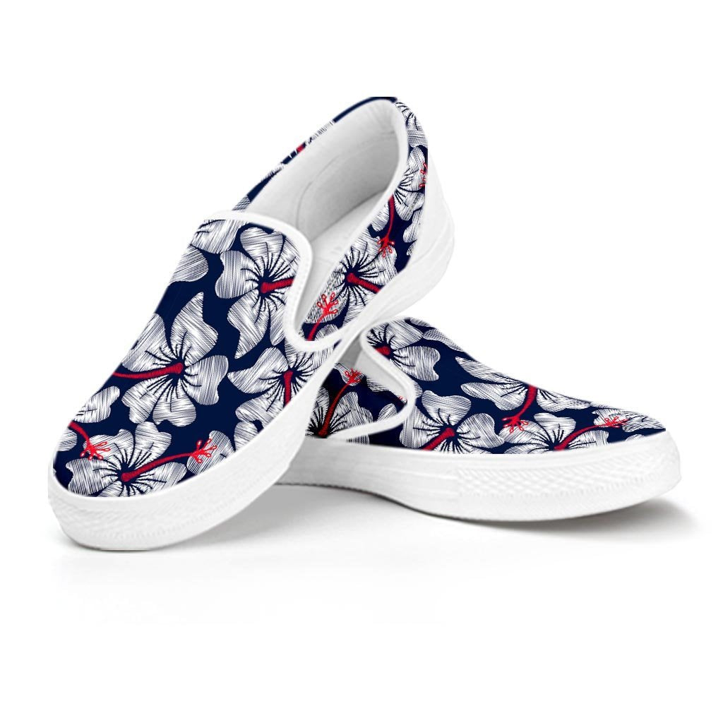 White Hibiscus Tropical Floral Hawaiian Print Women's Slip On Sneakers-grizzshop
