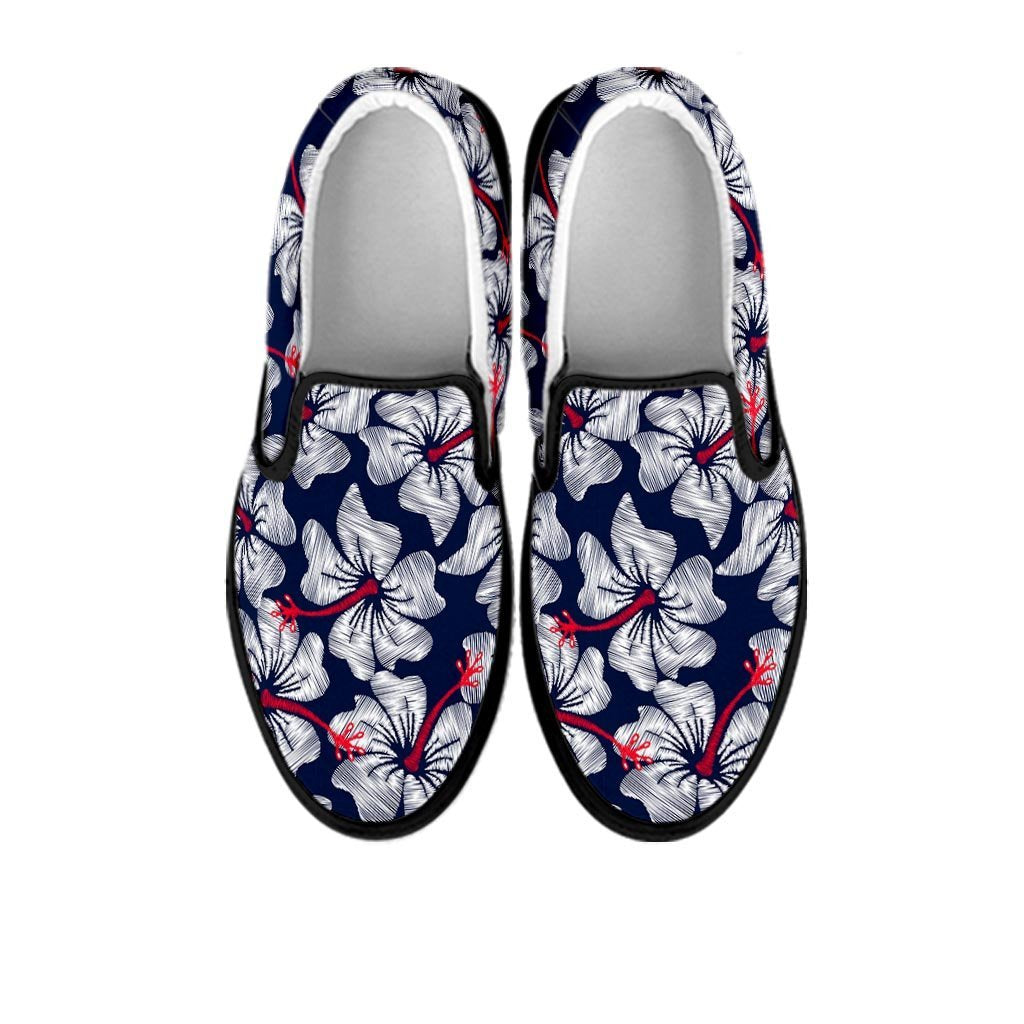 White Hibiscus Tropical Floral Hawaiian Print Women's Slip On Sneakers-grizzshop