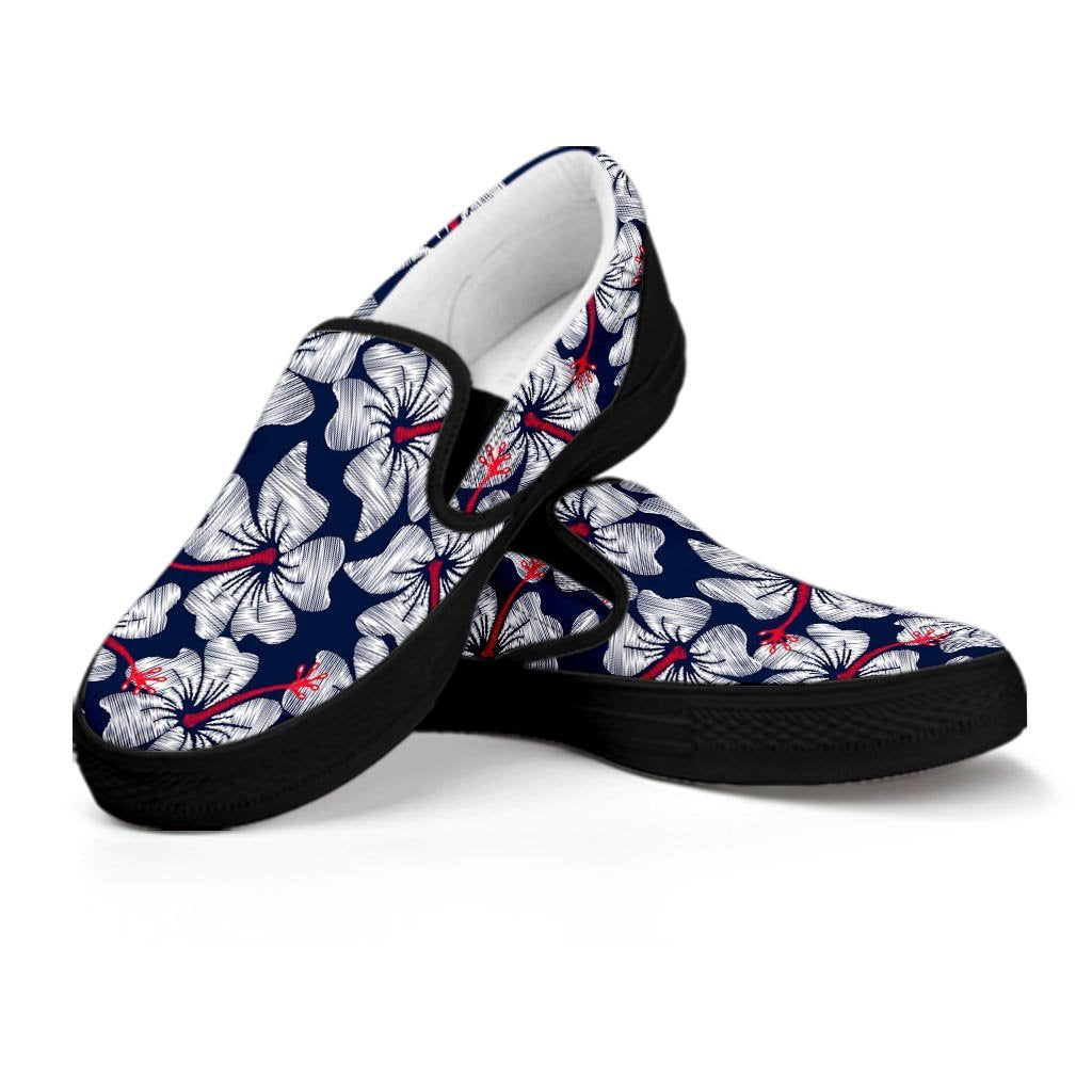 White Hibiscus Tropical Floral Hawaiian Print Women's Slip On Sneakers-grizzshop