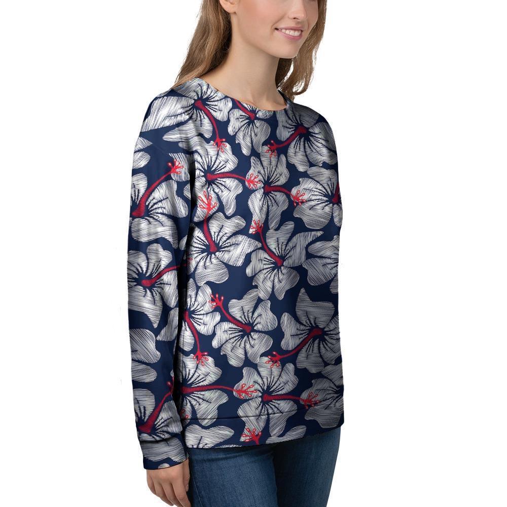 White Hibiscus Tropical Floral Hawaiian Print Women's Sweatshirt-grizzshop