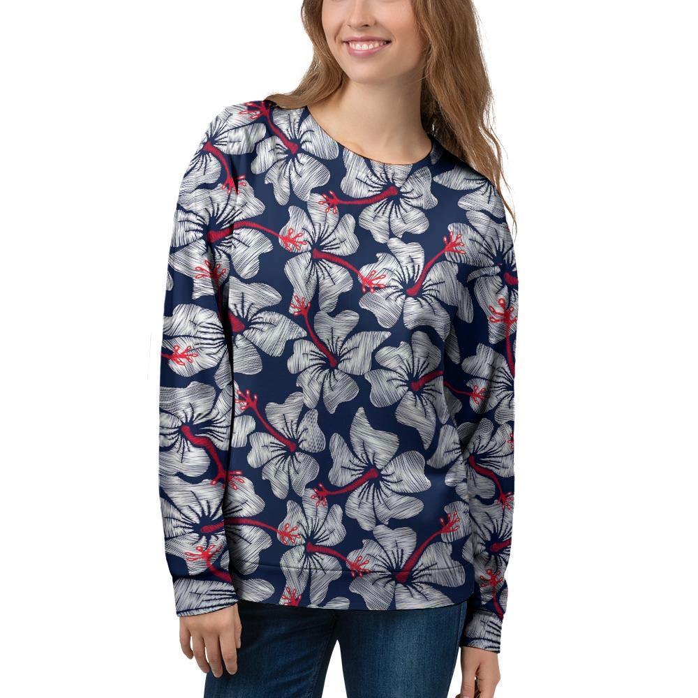 White Hibiscus Tropical Floral Hawaiian Print Women's Sweatshirt-grizzshop