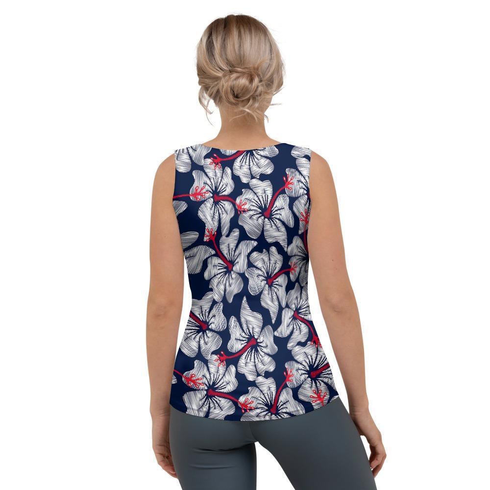 White Hibiscus Tropical Floral Hawaiian Print Women's Tank Top-grizzshop