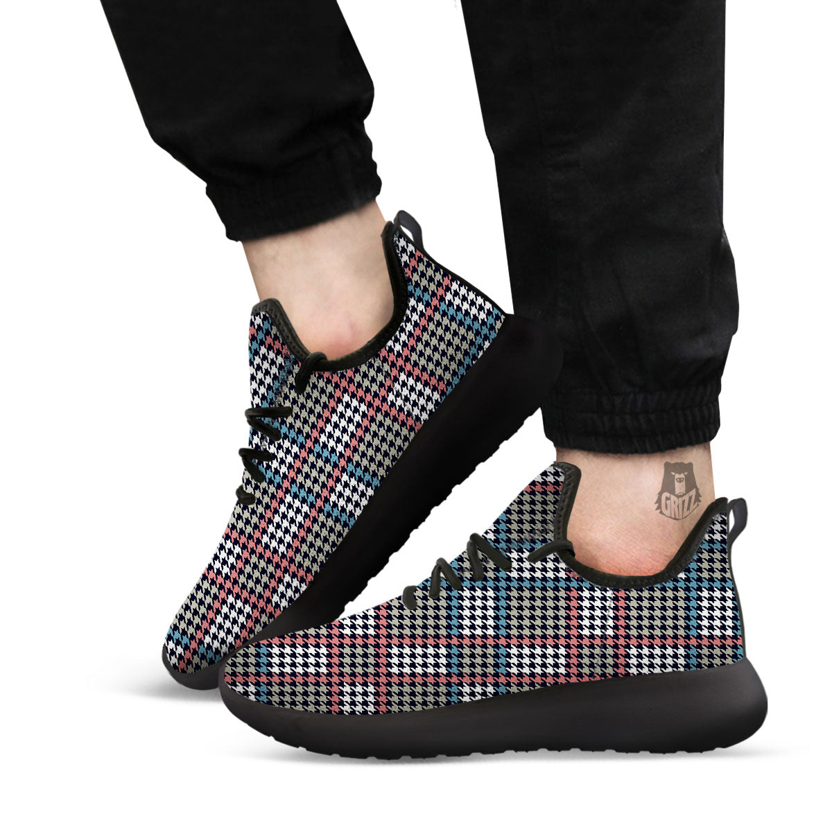 White Houndstooth And Blue Red Print Black Athletic Shoes-grizzshop
