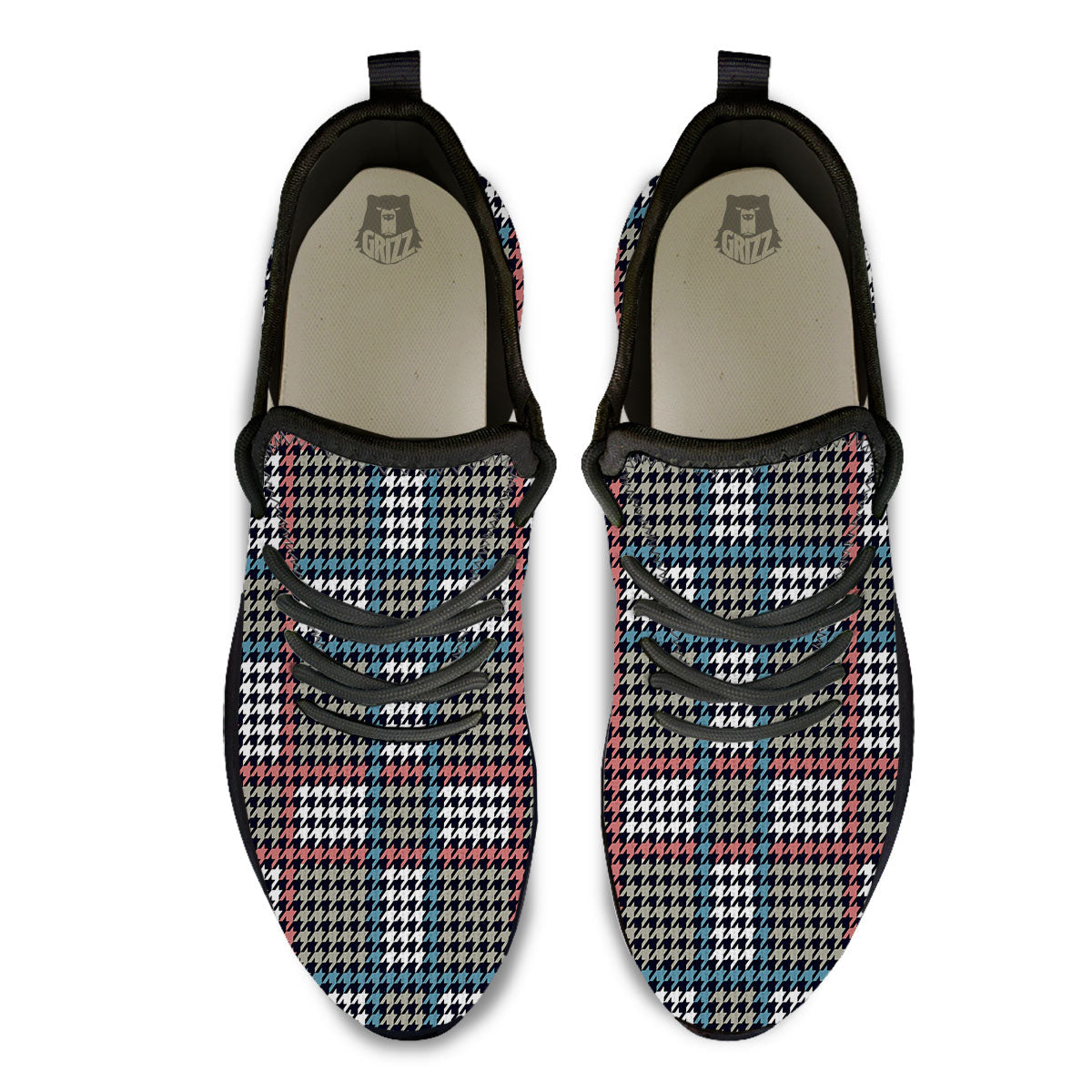 White Houndstooth And Blue Red Print Black Athletic Shoes-grizzshop
