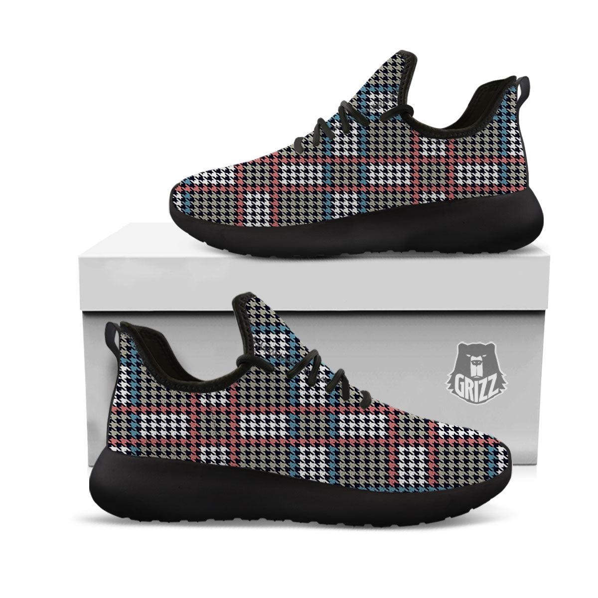 White Houndstooth And Blue Red Print Black Athletic Shoes-grizzshop