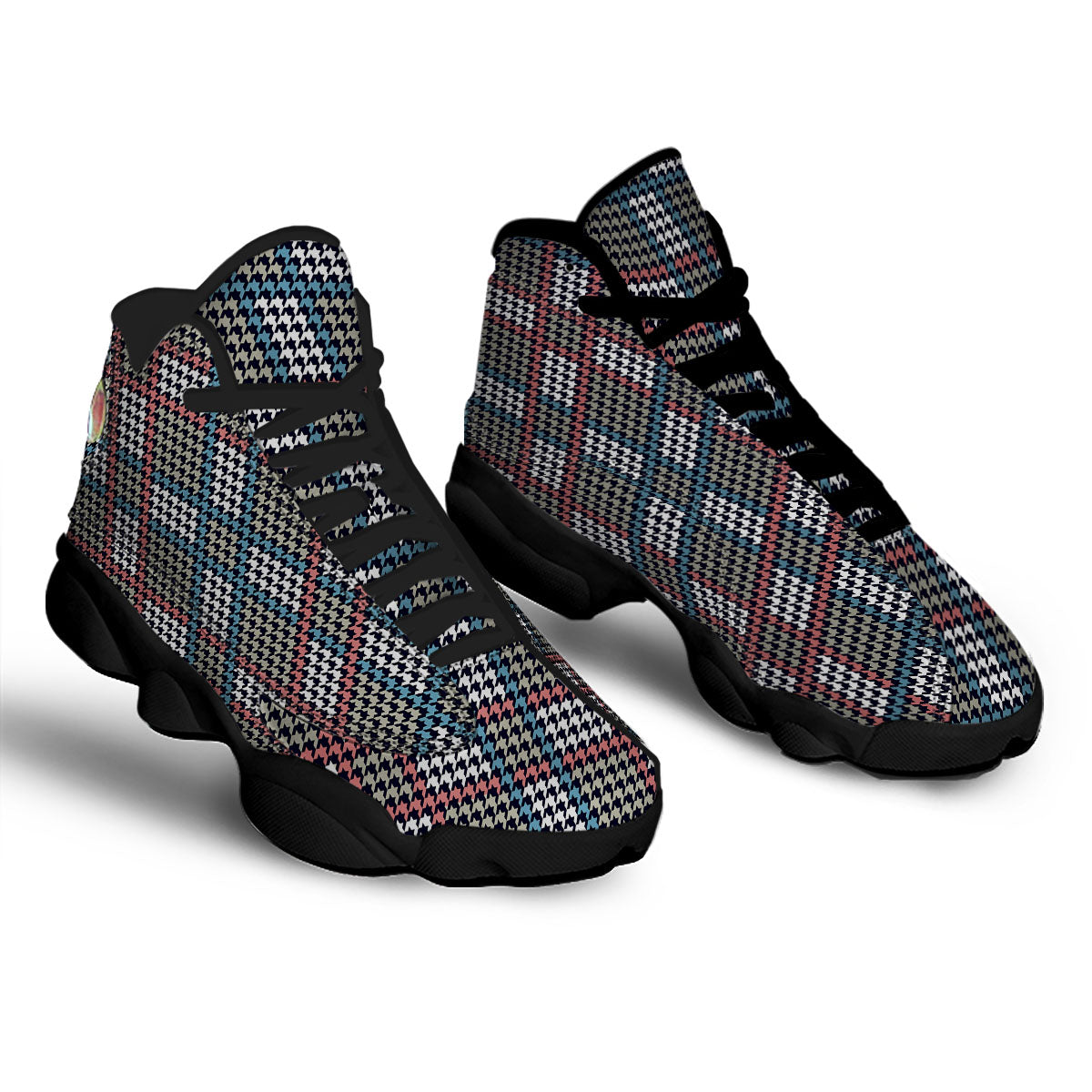 White Houndstooth And Blue Red Print Black Basketball Shoes-grizzshop
