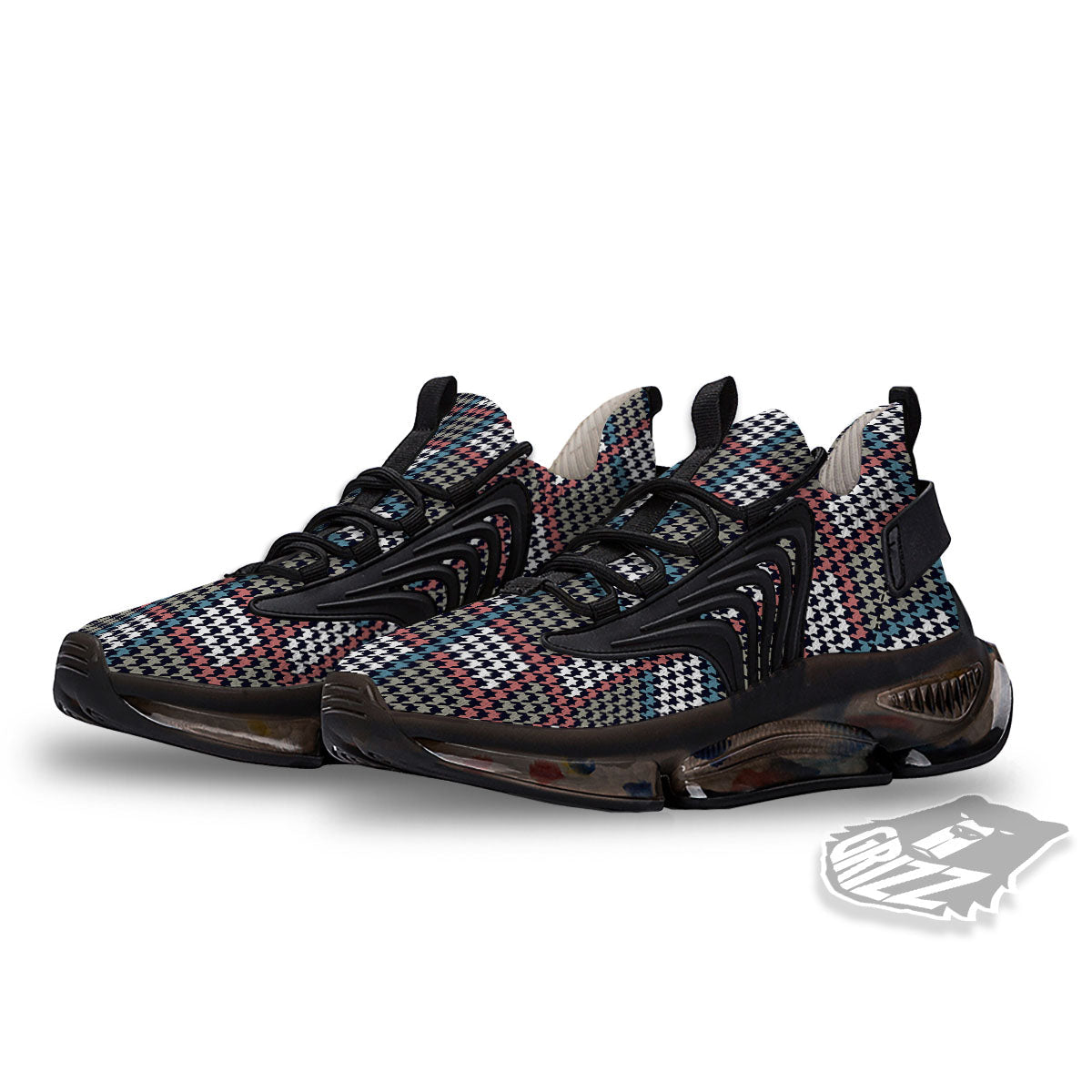 White Houndstooth And Blue Red Print Black Gym Shoes-grizzshop