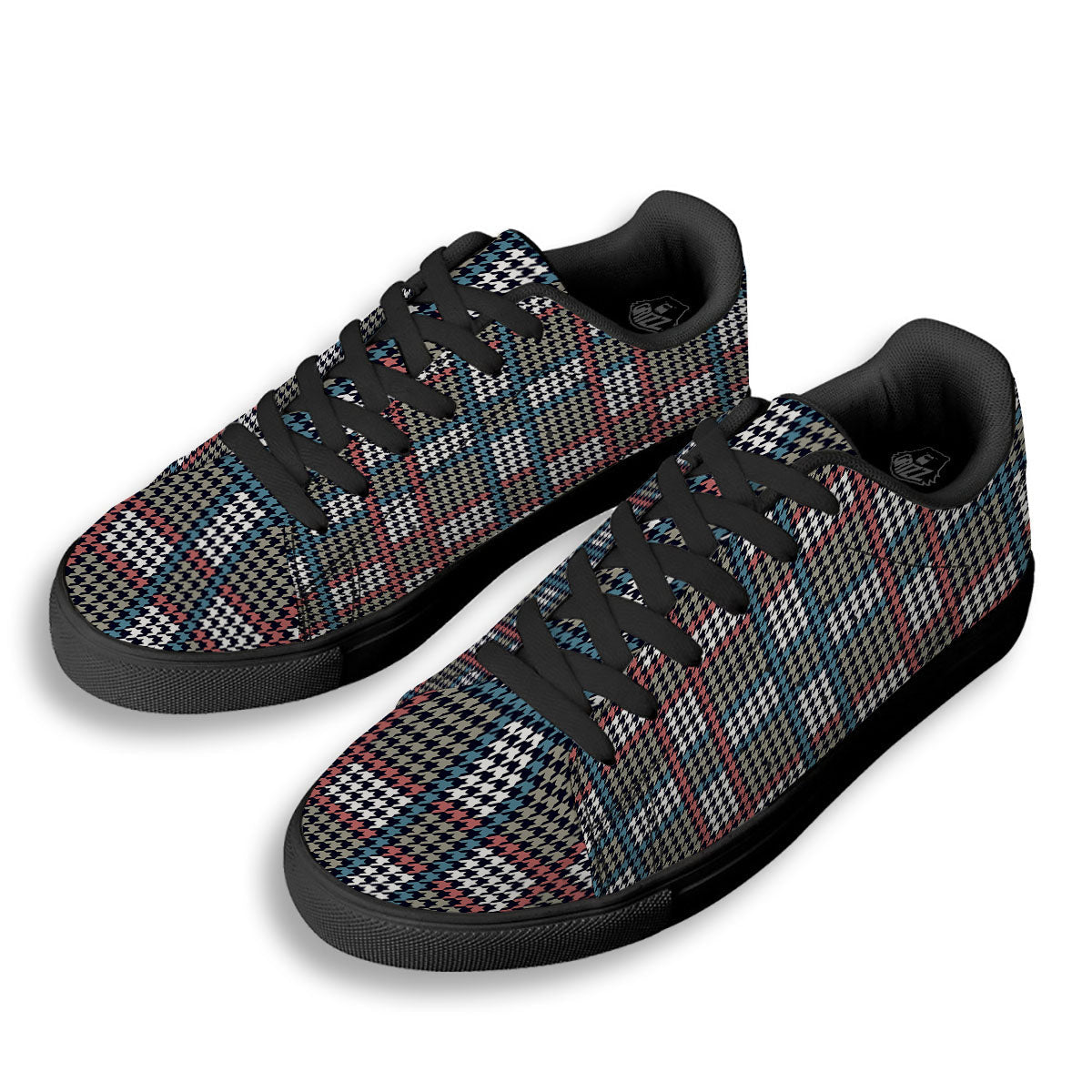 White Houndstooth And Blue Red Print Black Low Top Sneakers-grizzshop