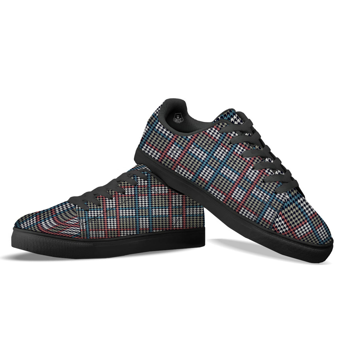 White Houndstooth And Blue Red Print Black Low Top Sneakers-grizzshop