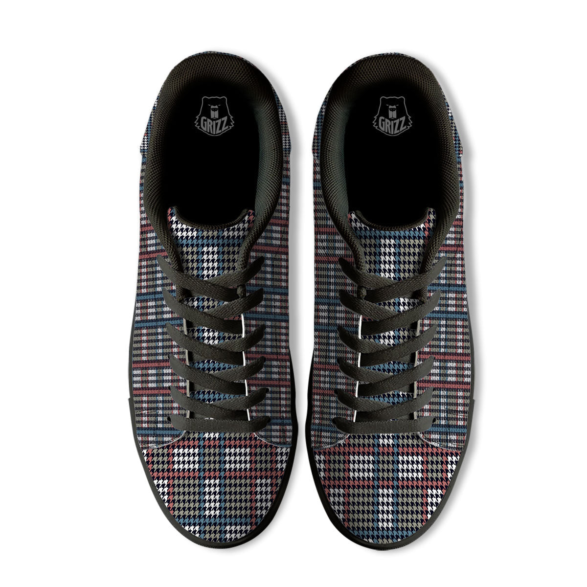 White Houndstooth And Blue Red Print Black Low Top Sneakers-grizzshop
