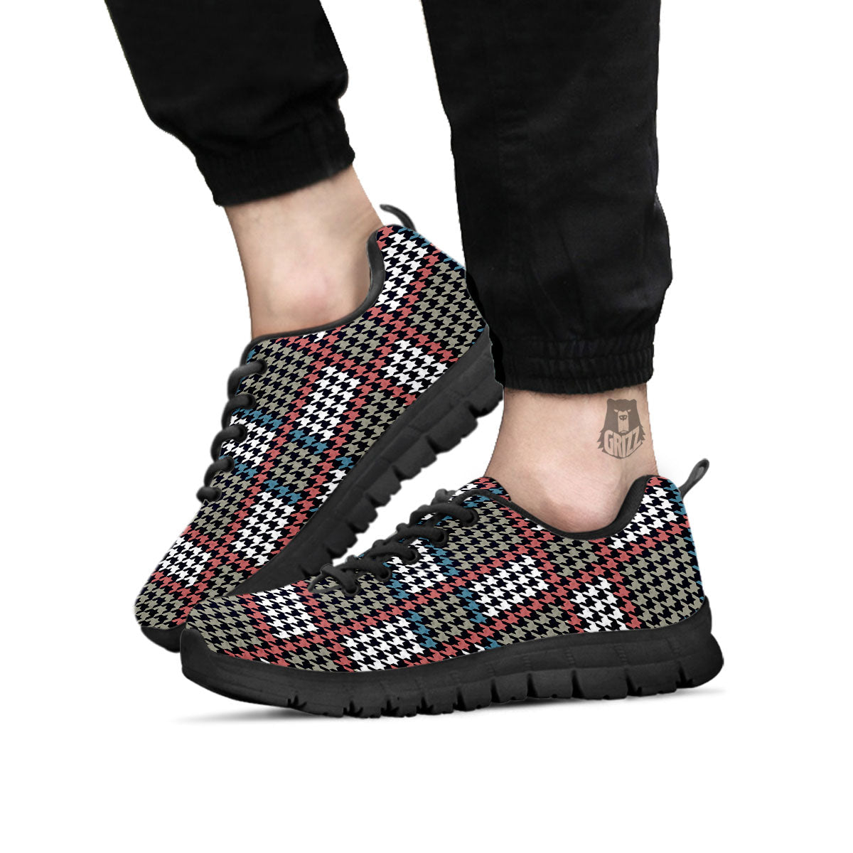 White Houndstooth And Blue Red Print Black Sneaker-grizzshop