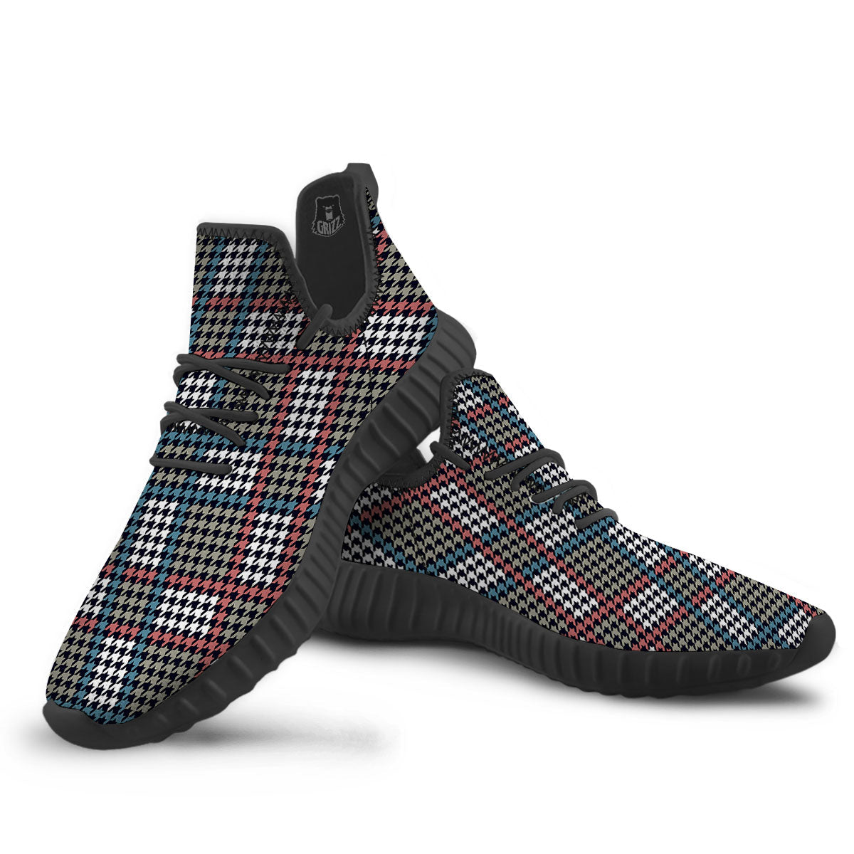 White Houndstooth And Blue Red Print Black Walking Shoes-grizzshop