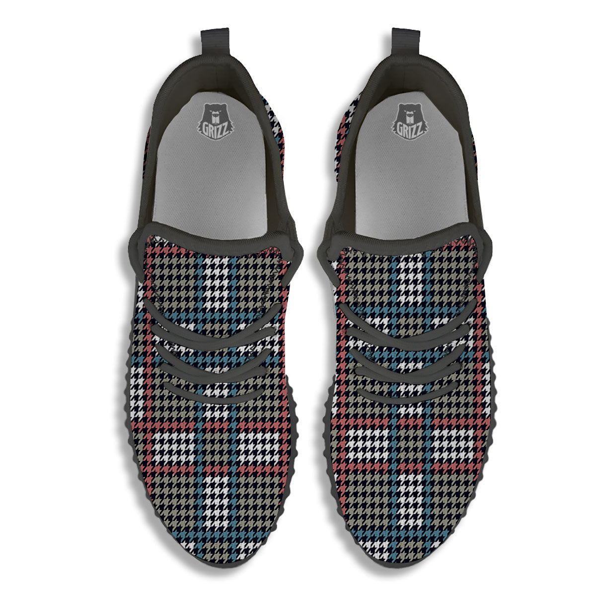 White Houndstooth And Blue Red Print Black Walking Shoes-grizzshop