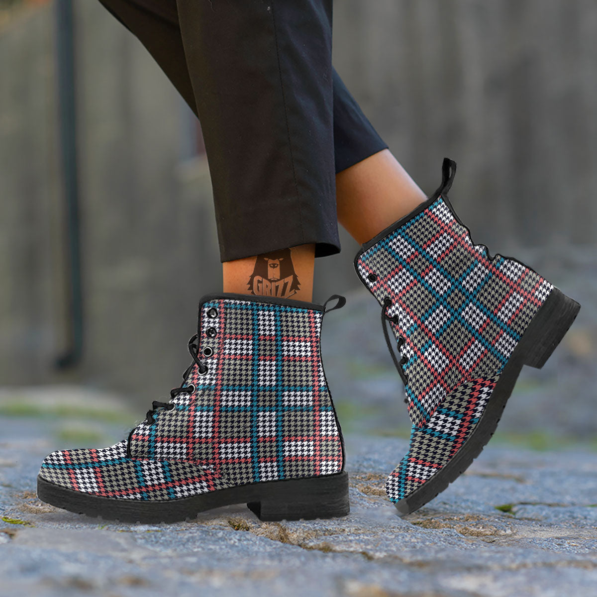 White Houndstooth And Blue Red Print Leather Boots-grizzshop