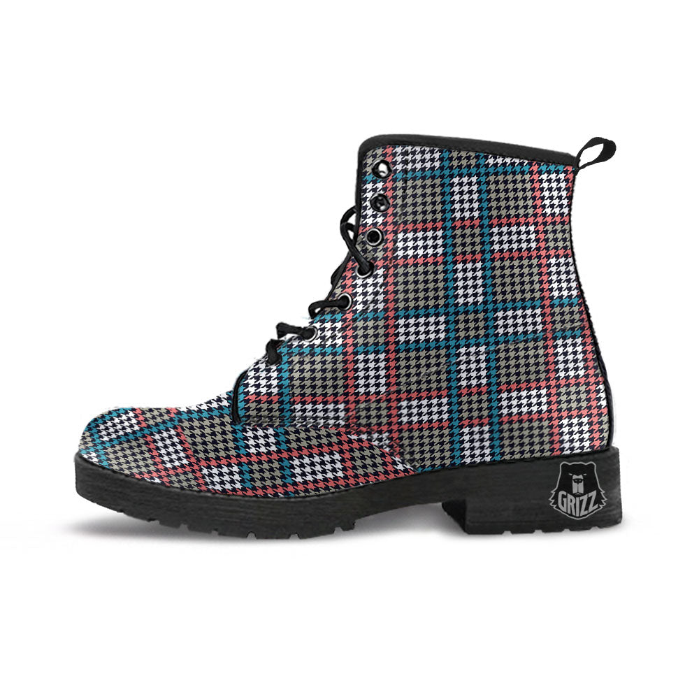 White Houndstooth And Blue Red Print Leather Boots-grizzshop