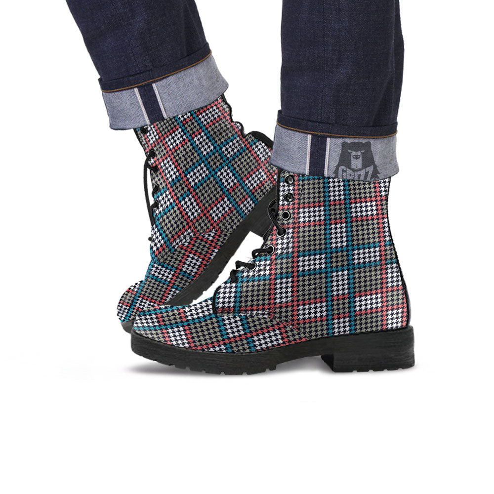 White Houndstooth And Blue Red Print Leather Boots-grizzshop