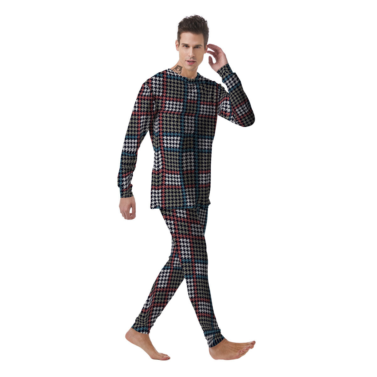 White Houndstooth And Blue Red Print Men's Pajamas-grizzshop